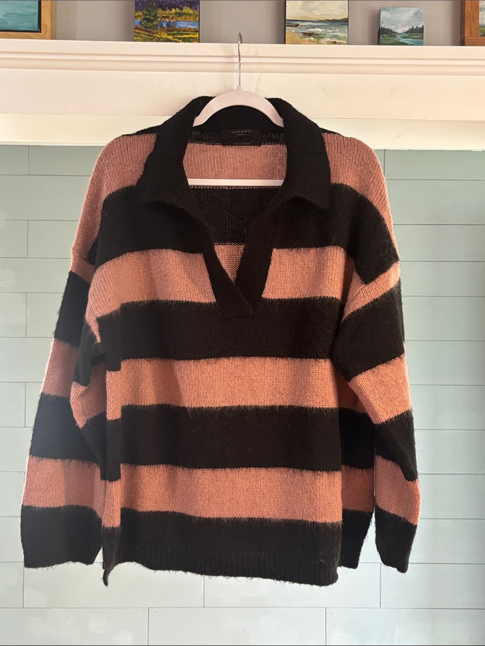 All Saints Striped V-Neck Sweater‎ in Black and Dusty Rose